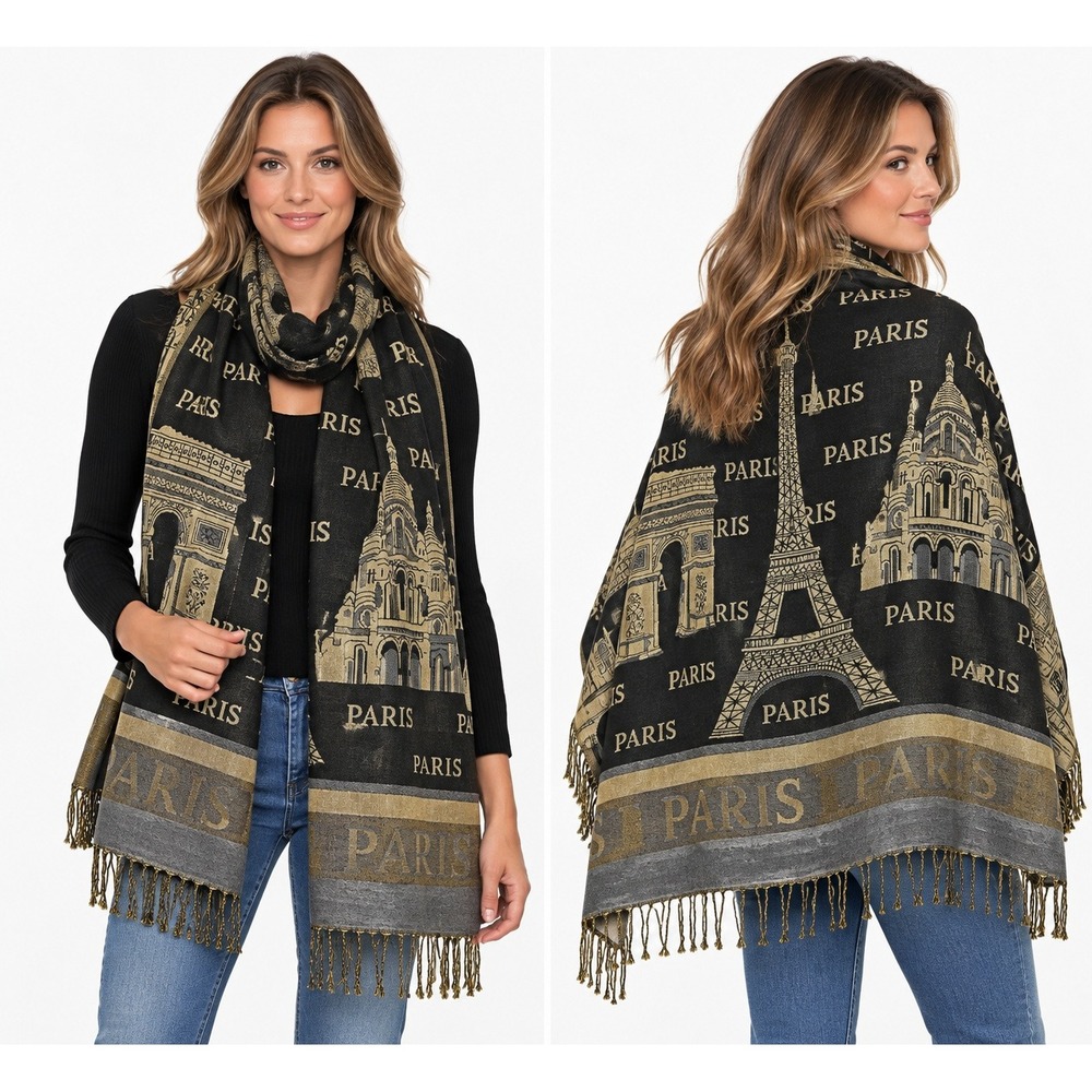 Paris Landmark Scarf Shawl Eiffel Tower Arc de Triomphe Black Gold Viscose Wrap